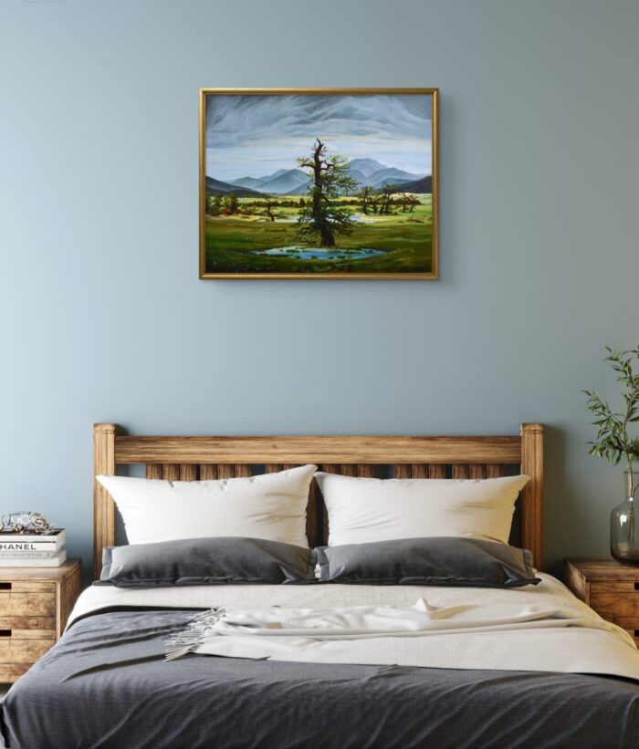 Obraz olejny ręcznie malowany, na płótnie: Friedrich "Samotne drzewo" Pejzaż 56x71 cm - obrazek 6
