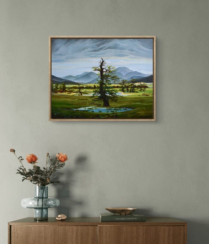 Obraz olejny ręcznie malowany, na płótnie: Friedrich "Samotne drzewo" Pejzaż 56x71 cm - obrazek 5